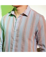 Men's Icy Blue & Nude Beige Striped Seersucker Shirt