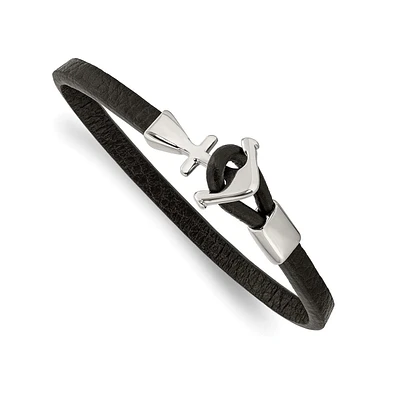 Chisel Stainless Steel Polished Anchor Black Leather Bracelet