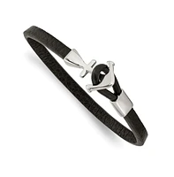 Chisel Stainless Steel Polished Anchor Black Leather Bracelet