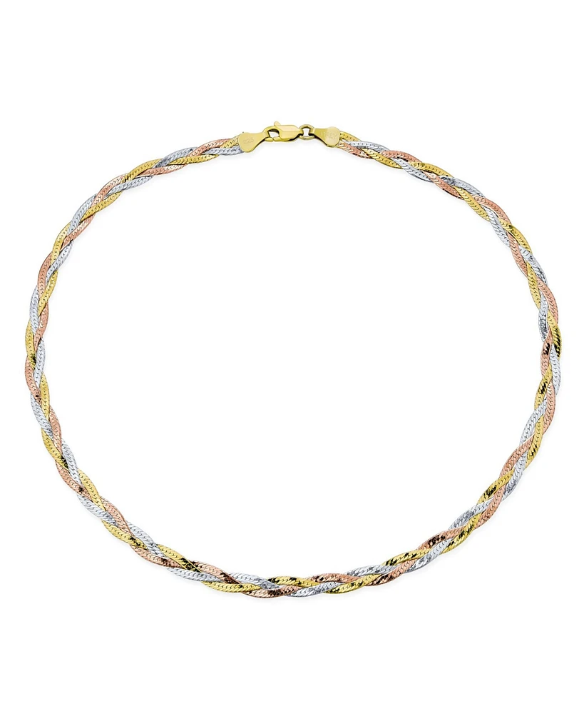 Bling Jewelry Flat 14K Yellow Rose Gold Overlay Sterling Silver 5MM Twist 3 Tri Tone Herringbone Braided Magic Snake Chain Necklace 18 Inch