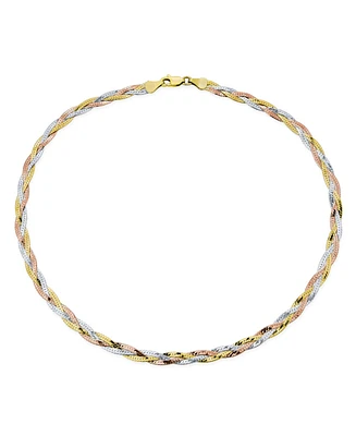 Bling Jewelry Flat 14K Yellow Rose Gold Overlay Sterling Silver 5MM Twist 3 Tri Tone Herringbone Braided Magic Snake Chain Necklace 18 Inch