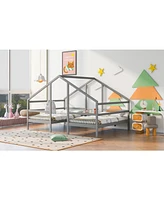 Slickblue Double Twin Triangular House Beds with Built-In Table for Kids' Room