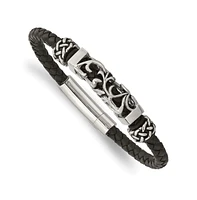 Chisel Stainless Steel Antiqued Beads Braided Black Leather Bracelet