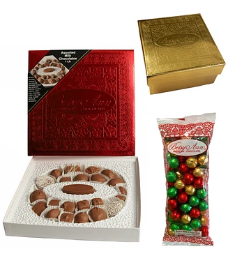 Betsy Ann Chocolates Holiday Milk Chocolate Assortment, Foil Christmas Balls, Boxed Milk Pretzels, 3 Piece Set