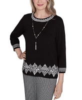 Alfred Dunner Petite Runway Ready Diamond-Border Crewneck Sweater With Necklace