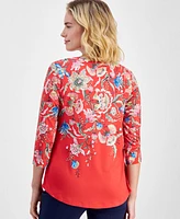 Jm Collection Petite Cascading Floral 3/4-Sleeve Top, Created for Macy's