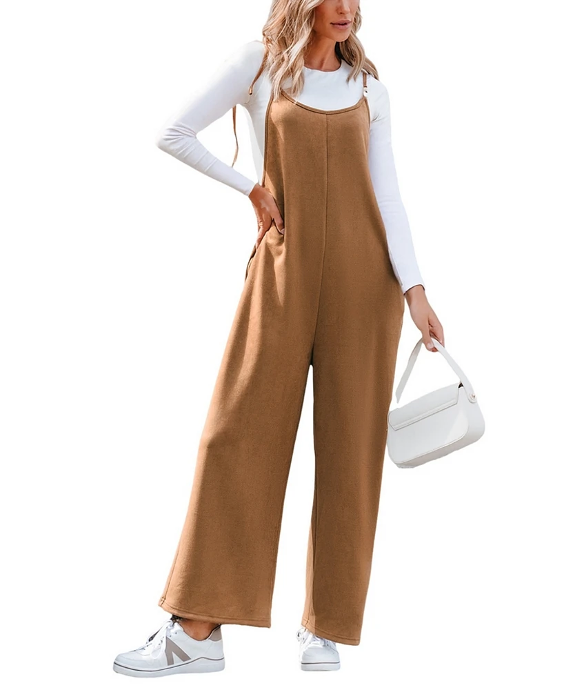 Cupshe Women's Camel Faux Suede Wide Leg Jumpsuit