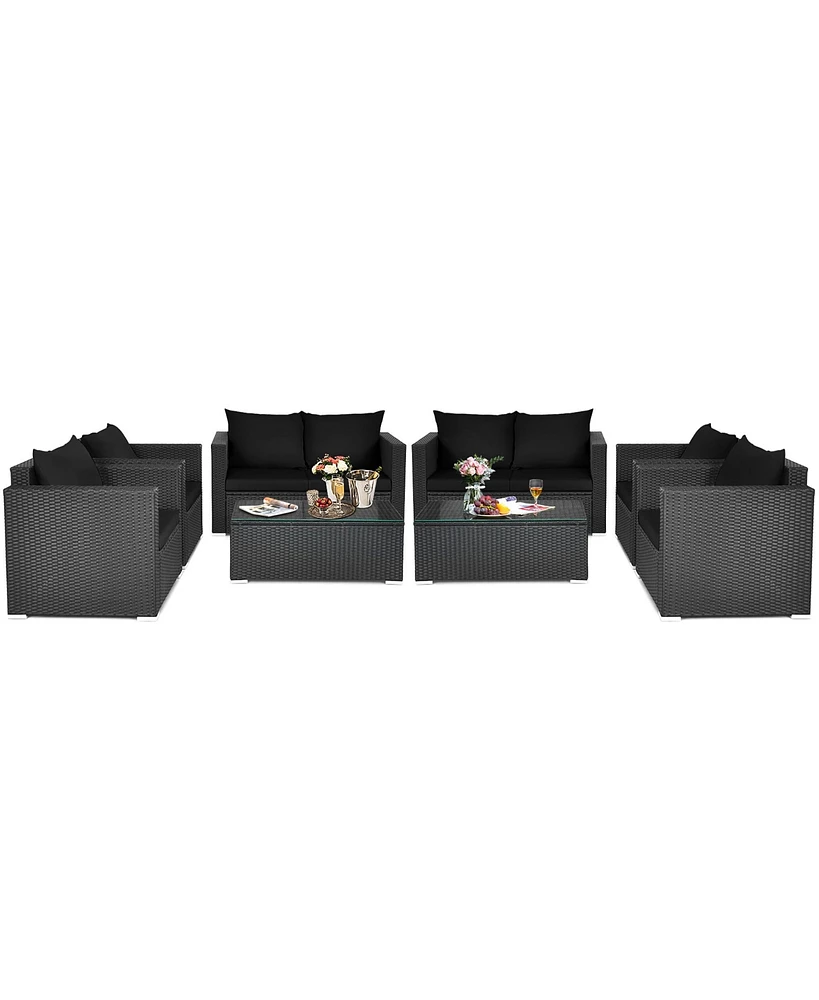 Costway 8PCS Patio Rattan Furniture Set Cushioned Sofa Chair Coffee Table Black