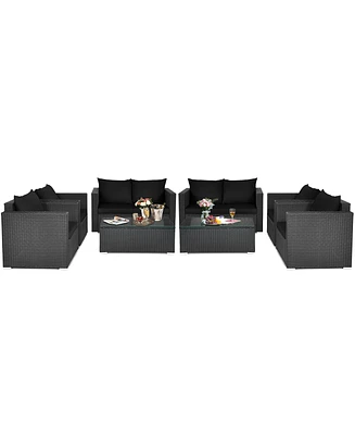 Costway 8PCS Patio Rattan Furniture Set Cushioned Sofa Chair Coffee Table Black