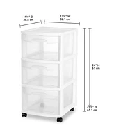 Sterilite 3 Drawer Storage Cart, Plastic Rolling Organizer with Wheels, 2 Pack