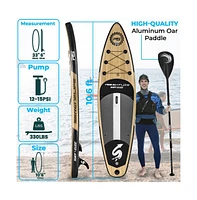 SereneLife Rising Flow Inflatable Stand-Up Paddle-Board With Accessories, Wood Design