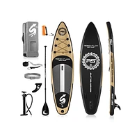 SereneLife Rising Flow Inflatable Stand-Up Paddle-Board With Accessories, Wood Design