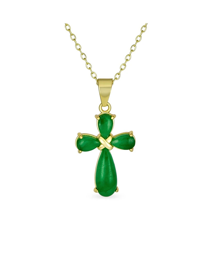 Bling Jewelry Small Timeless Fashion Cabochons Natural Green Jade Cross Pendant Necklace For Women Gold Plated .925 Sterling Silver With Chain