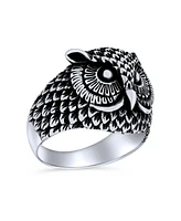 Bling Jewelry Unisex Protection Wise Owl Bird Band Ring Oxidized .925 Sterling Silver