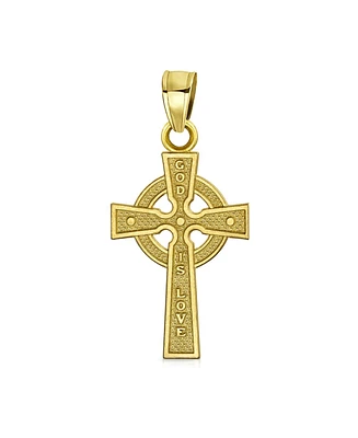 Bling Jewelry Solid 14K Yellow Real Gold Etched Saying God Is Love Celtic Irish Viking Religious Cross Pendant Necklace For Women No Chain