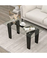 Gymax Rectangle Coffee Table Modern Tempered Glass Top Accent Table Black