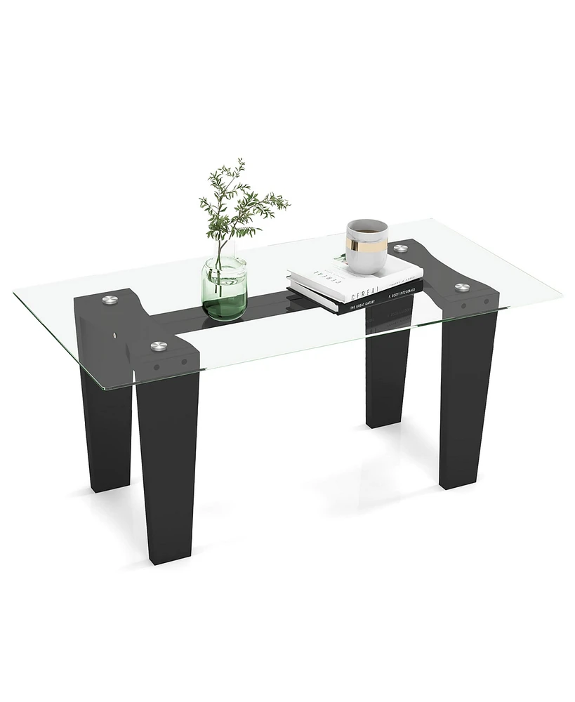 Gymax Rectangle Coffee Table Modern Tempered Glass Top Accent Table Black