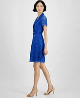 Tahari Petite Notch-Lapel Belted A-Line Lace Dress