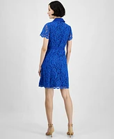 Tahari Petite Notch-Lapel Belted A-Line Lace Dress