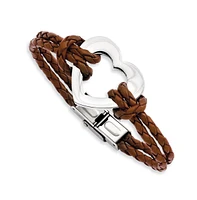 Chisel Stainless Steel Polished Heart Brown Braided Leather Bracelet