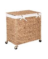 Seville Classics Double Handwoven Lidded Rolling Laundry Hamper with Gold Sphere Casters