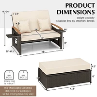 Patio Rattan Daybed Set with Cushioned Loveseat & Storage Ottoman for Porch