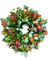 GreenishBlu Fall Ruscus, Silver Dollar Eucalyptus, Orange Salal and Red Safari Real Aromatic Wreath, 22"