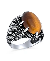 Bling Jewelry Big Retro Stripe Statement Oval Signet Natural Tiger Eye Claw Ring Silver