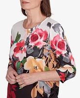 Alfred Dunner Petite Runway Ready Floral Crew Neck with Drawstring Hem Top