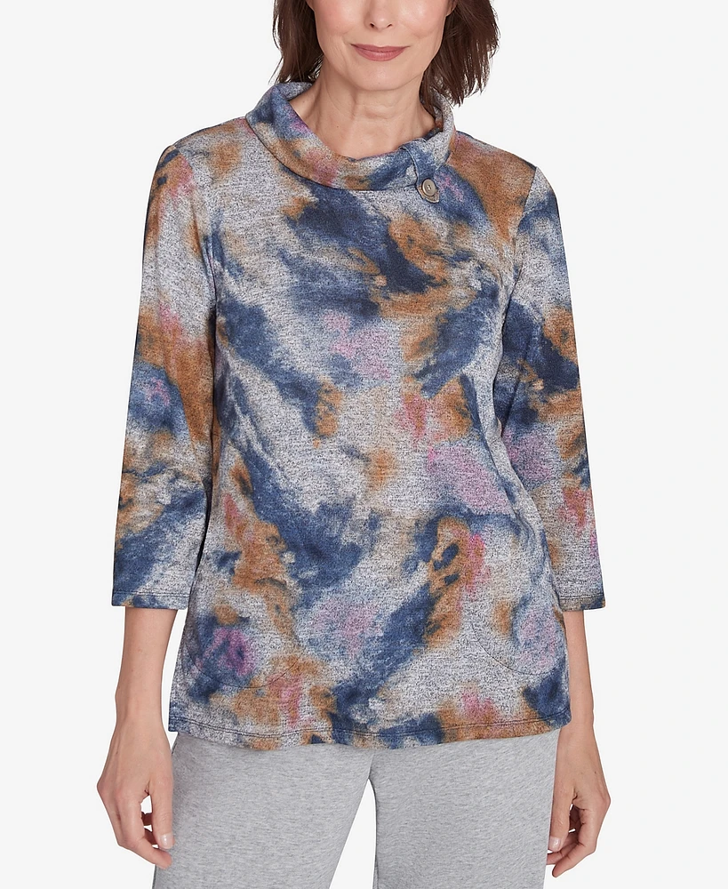 Alfred Dunner Petite Casual Fridays Abstract Watercolor Cowl Neck Top