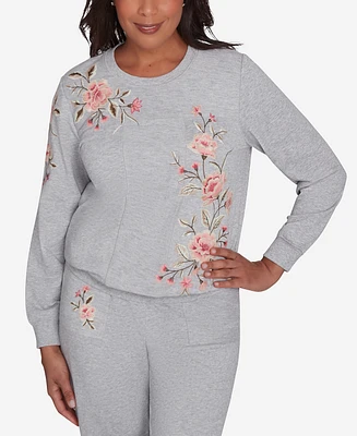 Alfred Dunner Petite Casual Fridays Floral Embroidered Long Sleeve Top