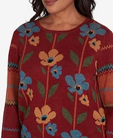 Alfred Dunner Petite Harvest Moon Vertical Floral Crew Neck Sweater