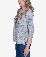 Alfred Dunner Petite Harvest Moon Textured Floral Embroidered Split Neck Top