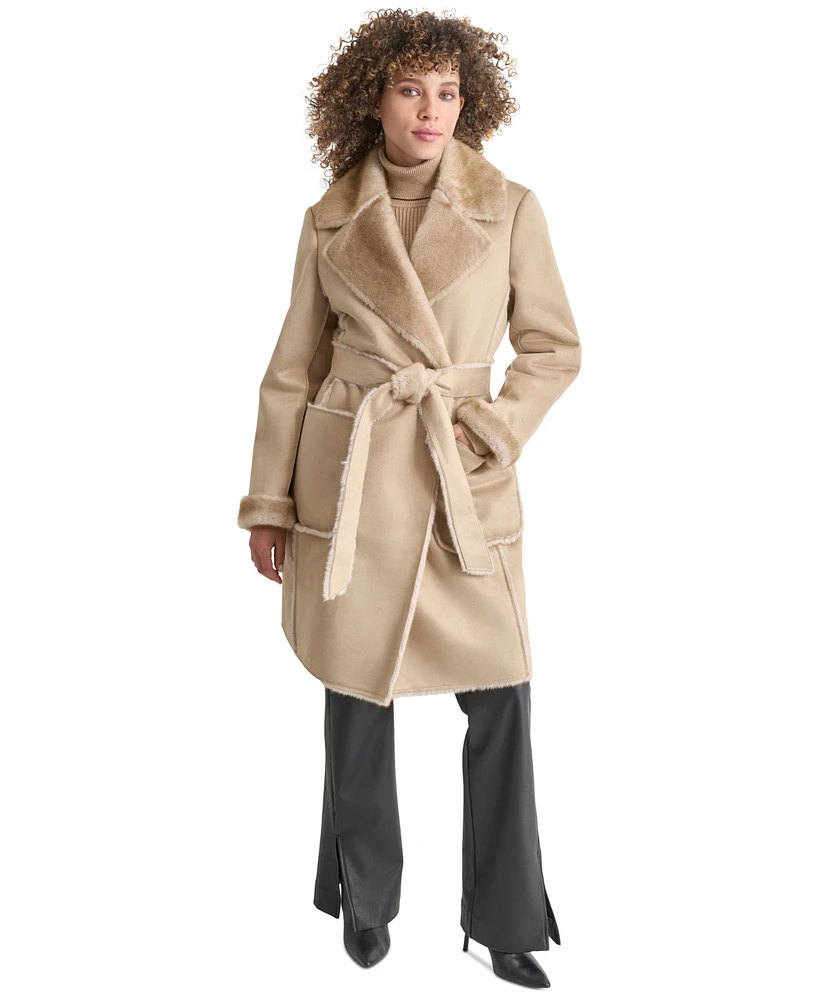 Dkny Women's Belted Notched-Collar Faux-Shearling Coat, Created for Macy's