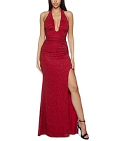 B Darlin Juniors' Glitter-Knit Plunge-Neck Ruched Gown