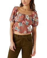 O'Neill Juniors' Autumn Floral-Print Cropped Puffed-Sleeve Top