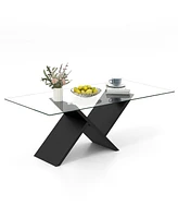 Gymax 47'' Rectangle Glass Coffee Table w/ Tempered Glass Tabletop & Geometric