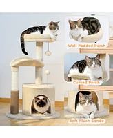 Slickblue Small Cat Tree for Indoor Cats, Cat Tower with Interactive Toy, Self-Groomer Brush, Natural Scratching Post, Beige