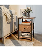Gymax 2PCS Nightstand Bedside Sofa End Table w/ Charging Station Open Shelves & Drawer