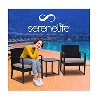 SereneLife Patio Outdoor Rattan Furniture Set with Cushions and Glass Coffee Table, 3-Piece