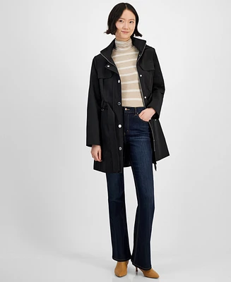 London Fog Petite Zip-Front Belted Long-Sleeve Rain Coat