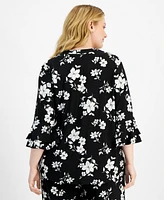 Kasper Plus Split-Neck Floral Flutter-Sleeve Top