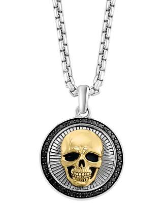 Effy Men's Black Spinel Skull Head 22" Round Disc Pendant Necklace (3/8 ct. t.w) in Sterling Silver, 14k Gold-Plate, & Black Rhodium-Plate