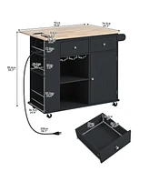 Slickblue Kitchen Island with Power Outlet Drop Leaf Design, Rubber Wood Top, Open Storage, Wine Rack, 5 Wheels