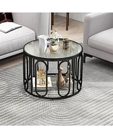 Gymax 2-Tier 24'' Round Coffee Table w/ Oval Swivel Brackets & Reeded Tempered Glass Gold