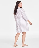 On 34th Trendy Plus Cotton Striped Tie-Waist Shirtdress, Exclusively at Macy's