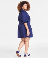 On 34th Trendy Plus Cotton Tie-Front 3/4-Sleeve Shirtdress, Exclusively at Macy's