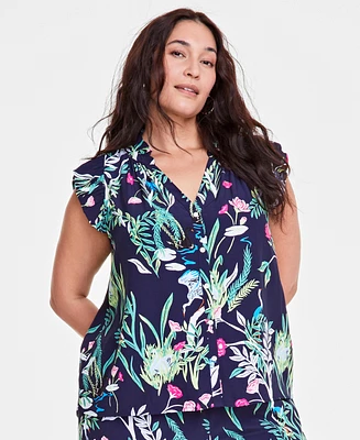 On 34th Trendy Plus Flutter-Sleeve Printed Shirt, Exclusively at Macy's