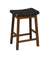 Costway Woven Saddle Stools Set of 2 25.5'' Faux Pu Leather Counter Height Kitchen Stool