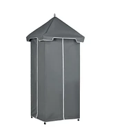 Outdoor Towel Valet Caddy, Covered Poolside Towel Holder Rack, Shelf, Basket, Rolling Pe Rattan Wicker Storage on Wheels, Gray